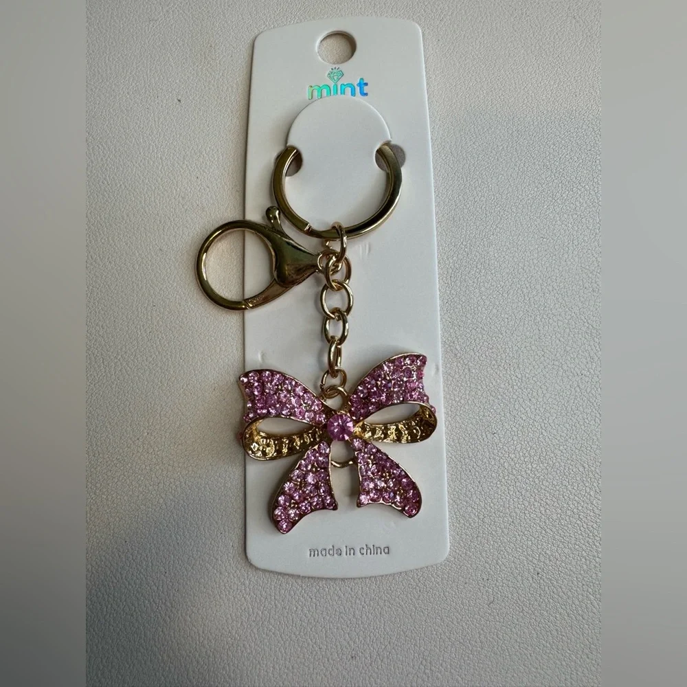 Mint Pink and Gold Bow Keychain bag charm